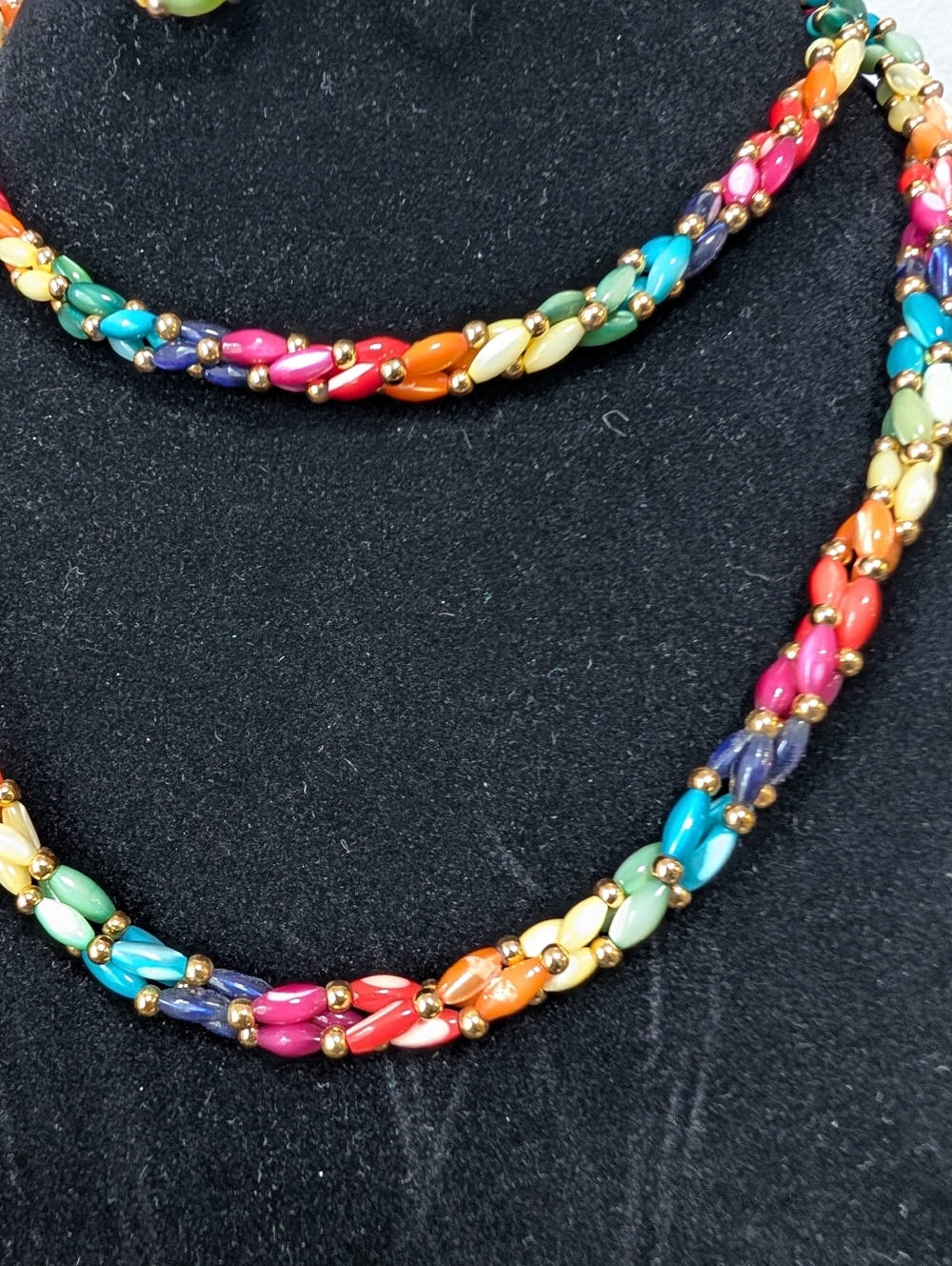 Braided Twist Colored Rainbow Mother of Pearl Necklaces, Earrings Bracelet Set - Picture 2 of 10